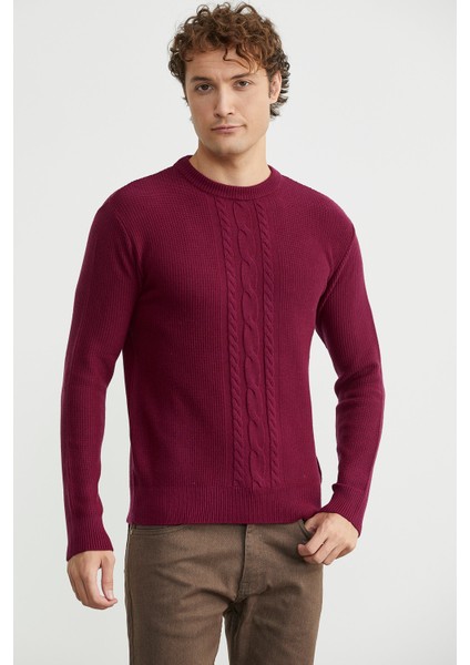 Motif Detaylı Bisiklet Yaka Triko Kazak - Bordo fiyatları