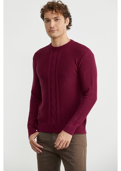 Motif Detaylı Bisiklet Yaka Triko Kazak - Bordo modelleri