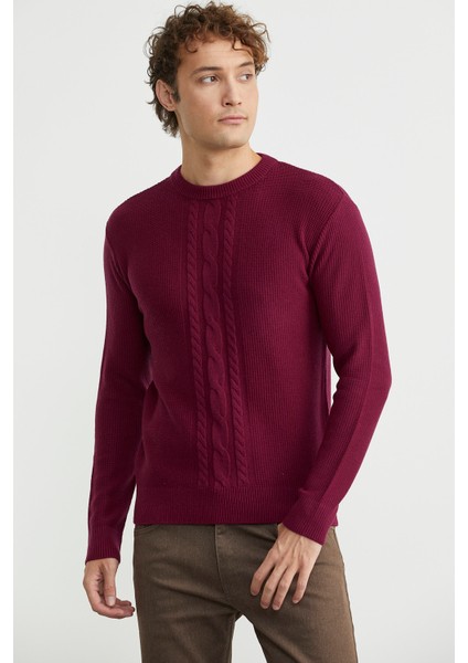 Motif Detaylı Bisiklet Yaka Triko Kazak - Bordo fırsatları