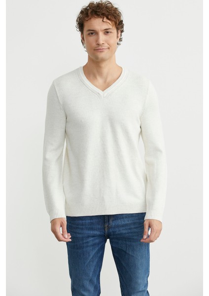 V Yaka Basic Triko Kazak - Kemik