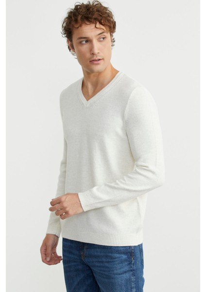 V Yaka Basic Triko Kazak - Kemik fırsatları