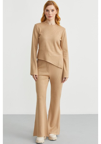 Ikili Pantolon Kazak Triko Takım - Kamel