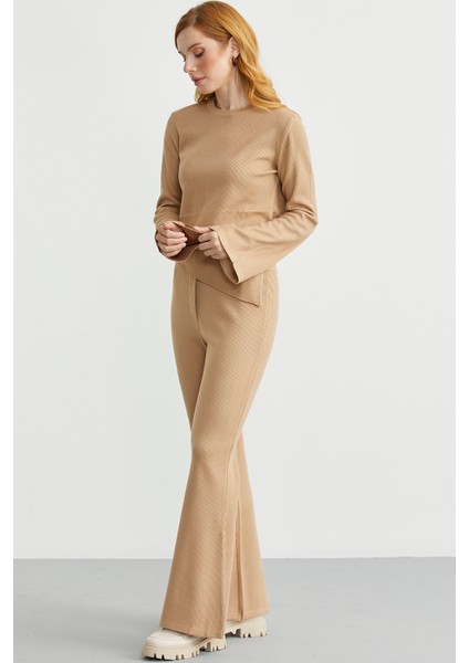 Ikili Pantolon Kazak Triko Takım - Kamel indirimleri