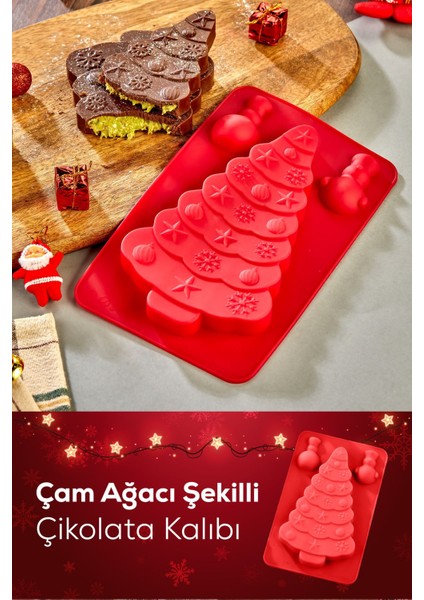 Yılbaşı Temalı Silikon Çam Ağacı Dubai Çikolatası Kalıbı Kırmızı