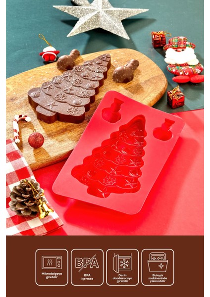 Yılbaşı Temalı Silikon Çam Ağacı Dubai Çikolatası Kalıbı Kırmızı modelleri