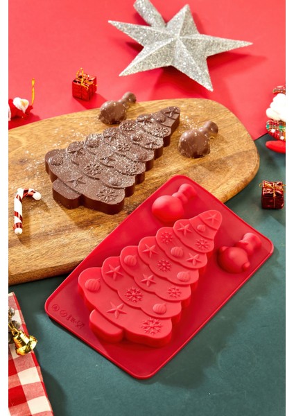 Yılbaşı Temalı Silikon Çam Ağacı Dubai Çikolatası Kalıbı Kırmızı fırsatları