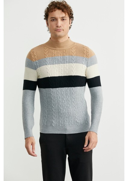 Blok Renk Geçişli Triko Kazak - Gri