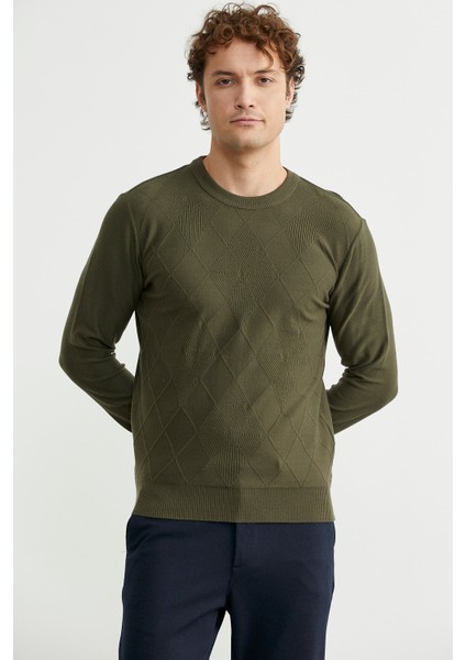 Baklava Motif Detaylı Triko Kazak - Haki