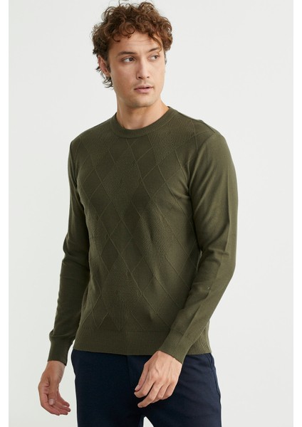 Baklava Motif Detaylı Triko Kazak - Haki fırsatları