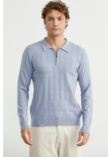 Fermuarlı Polo Yaka Triko Kazak - Mavi