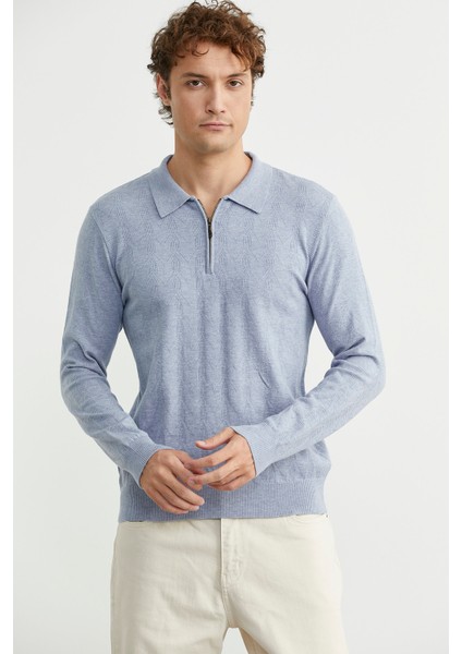 Fermuarlı Polo Yaka Triko Kazak - Mavi fiyatları