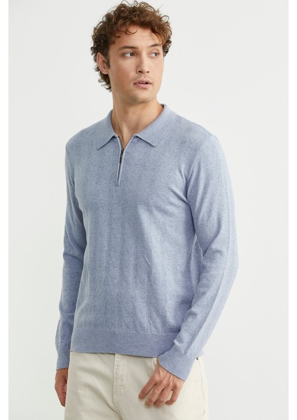 Fermuarlı Polo Yaka Triko Kazak - Mavi modelleri