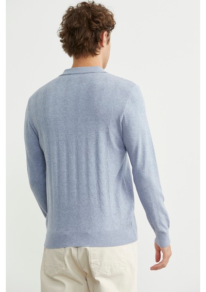 Fermuarlı Polo Yaka Triko Kazak - Mavi indirimleri