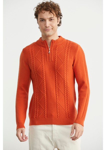 Yarım Fermuarlı Dik Yaka Triko Kazak - Oranj