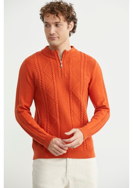 Yarım Fermuarlı Dik Yaka Triko Kazak - Oranj fiyatları
