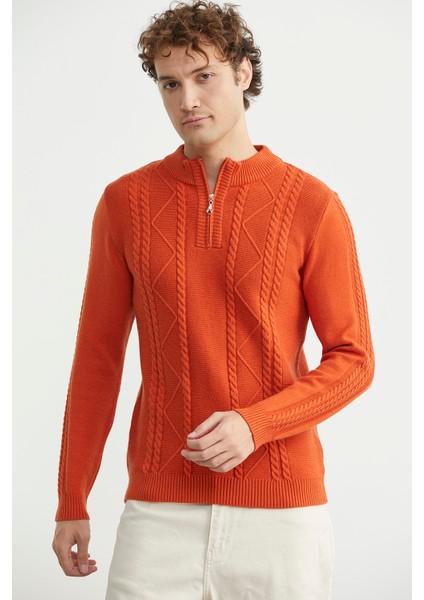 Yarım Fermuarlı Dik Yaka Triko Kazak - Oranj modelleri