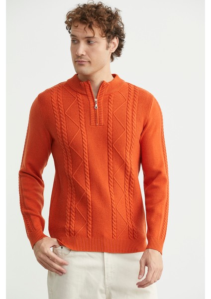 Yarım Fermuarlı Dik Yaka Triko Kazak - Oranj fırsatları