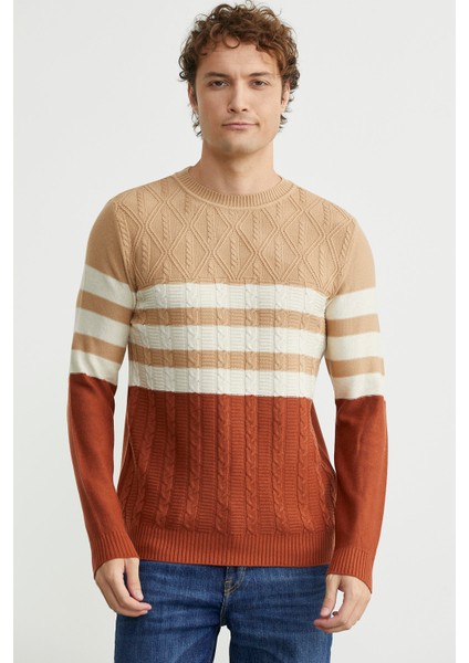 Blok Renk Geçişli Triko Kazak - Kiremit