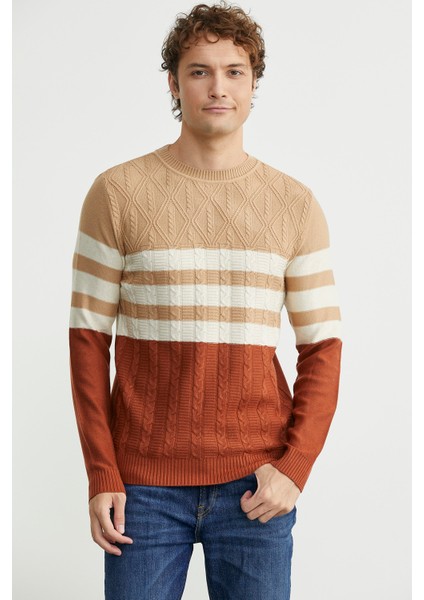 Blok Renk Geçişli Triko Kazak - Kiremit fırsatları