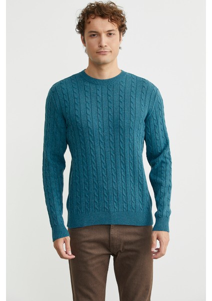 Pamuklu Saç Örgü Detaylı Triko Kazak - Petrol