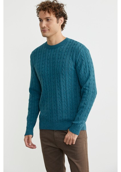 Pamuklu Saç Örgü Detaylı Triko Kazak - Petrol modelleri