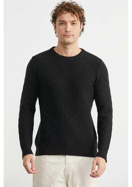 Motifli Sıfır Yaka Triko Kazak - Siyah