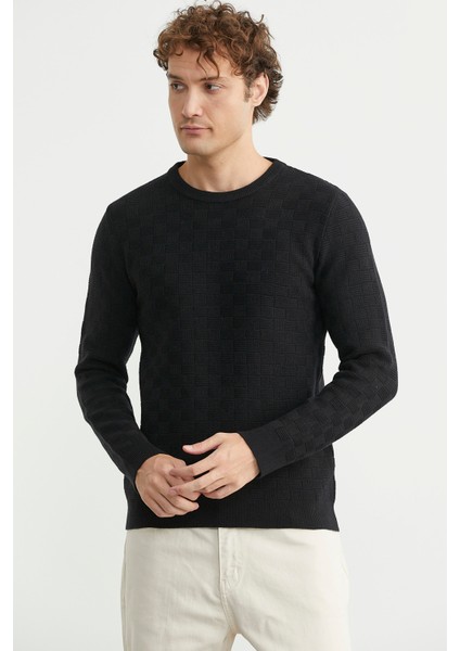 Motifli Sıfır Yaka Triko Kazak - Siyah modelleri