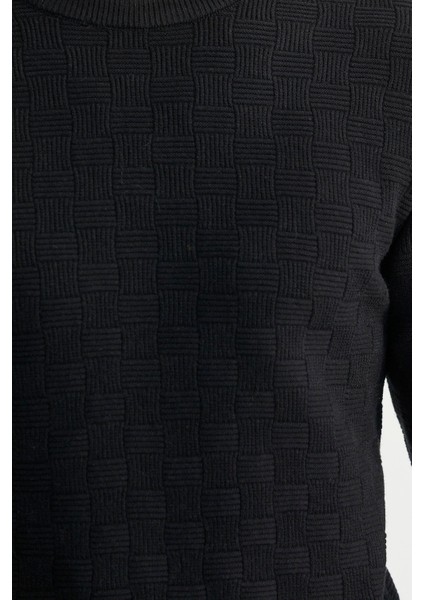 Motifli Sıfır Yaka Triko Kazak - Siyah indirimleri