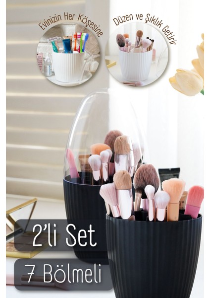 2'li Fanus Kapaklı 7 Bölmeli Makyaj Organizeri Antrasit