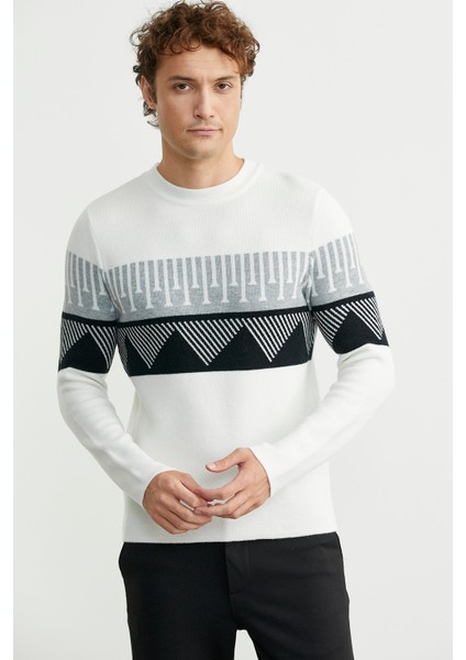 Çift Renk Motifli Triko Kazak - Kemik