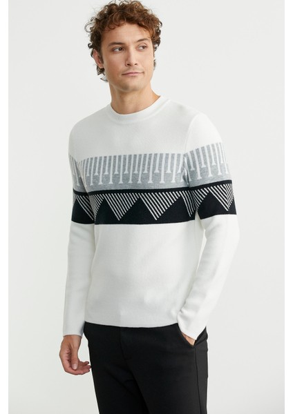 Çift Renk Motifli Triko Kazak - Kemik fırsatları