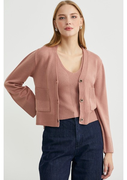 Triko Hırka Crop Ikili Takım - Gül