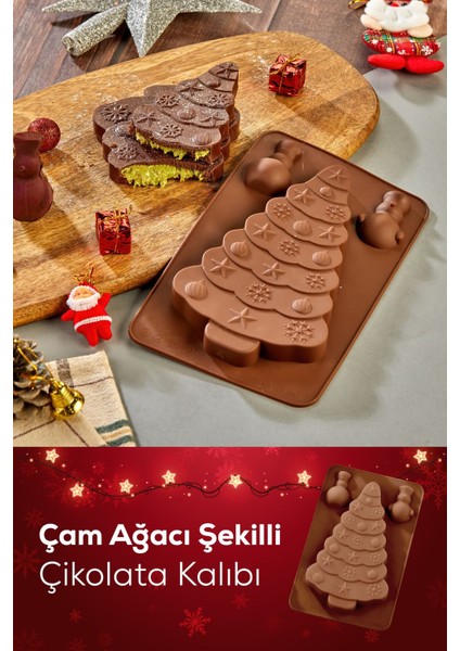 Yılbaşı Temalı Silikon Çam Ağacı Dubai Çikolatası Kalıbı Kahverengi