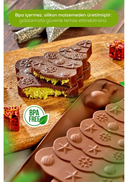 Yılbaşı Temalı Silikon Çam Ağacı Dubai Çikolatası Kalıbı Kahverengi fiyatları