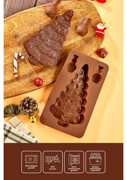 Yılbaşı Temalı Silikon Çam Ağacı Dubai Çikolatası Kalıbı Kahverengi modelleri