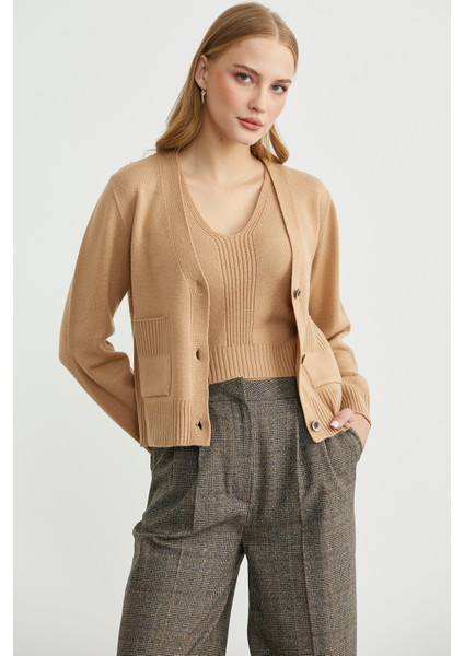 Triko Hırka Crop Ikili Takım - Kamel