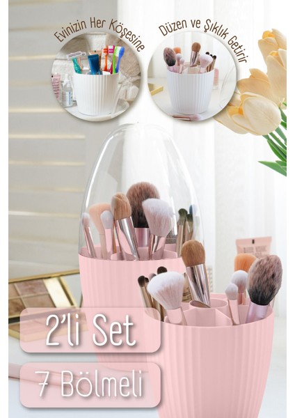 2'li Fanus Kapaklı 7 Bölmeli Makyaj Organizeri Pembe