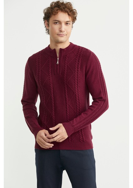 Yarım Fermuarlı Dik Yaka Triko Kazak - Bordo