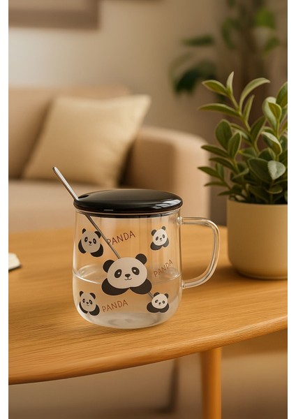 Sevimli Panda Figürlü Kaşıklı Borosilikat 380 ml Kupa