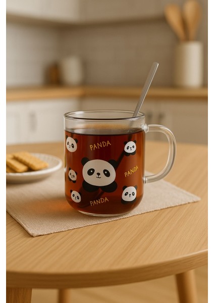 Sevimli Panda Figürlü Kaşıklı Borosilikat 380 ml Kupa fiyatları