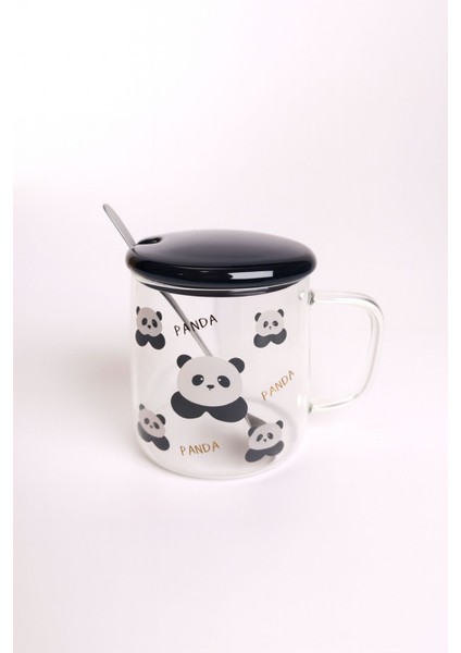 Sevimli Panda Figürlü Kaşıklı Borosilikat 380 ml Kupa modelleri