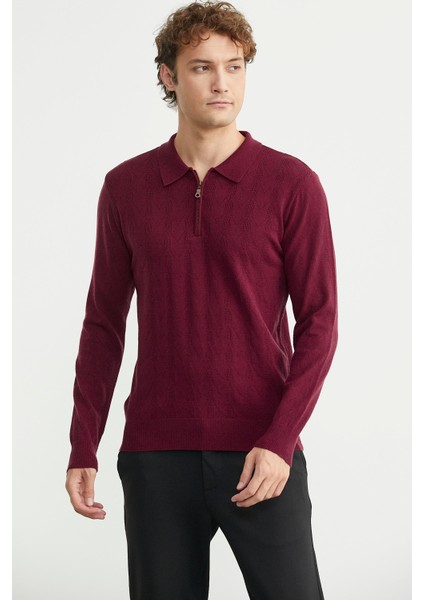 Fermuarlı Polo Yaka Triko Kazak - Bordo fiyatları