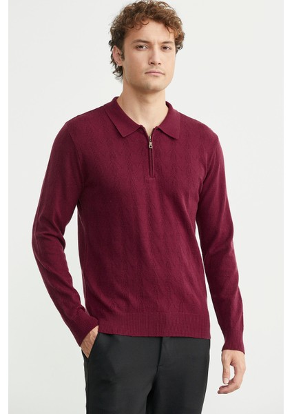Fermuarlı Polo Yaka Triko Kazak - Bordo modelleri