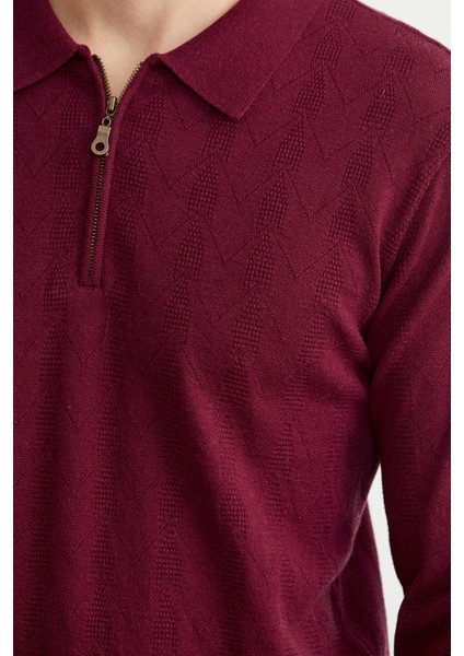 Fermuarlı Polo Yaka Triko Kazak - Bordo fırsatları