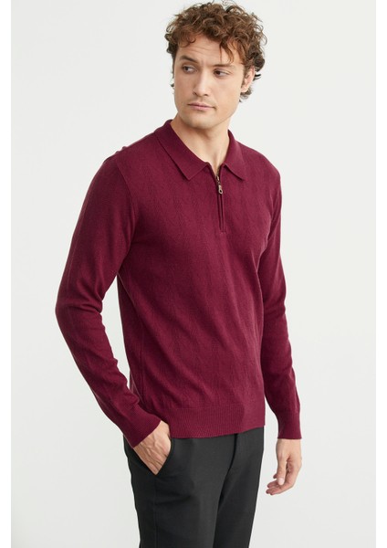 Fermuarlı Polo Yaka Triko Kazak - Bordo indirimleri