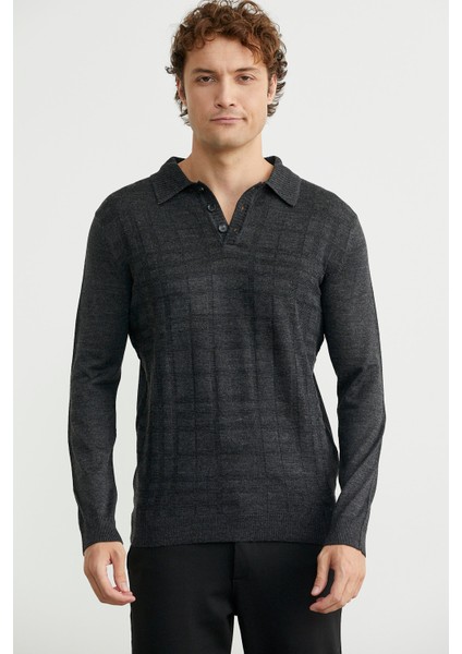 Polo Yaka Ekose Motifli Triko Kazak - Antrasit