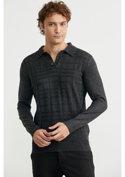 Polo Yaka Ekose Motifli Triko Kazak - Antrasit fiyatları