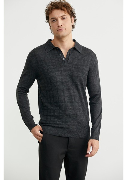 Polo Yaka Ekose Motifli Triko Kazak - Antrasit modelleri