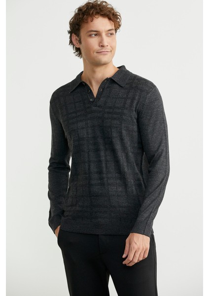 Polo Yaka Ekose Motifli Triko Kazak - Antrasit fırsatları