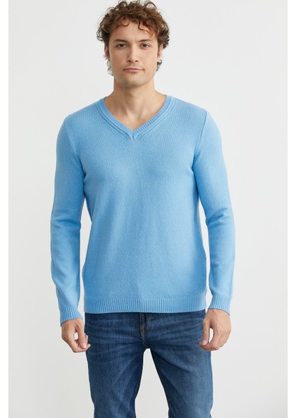 V Yaka Basic Triko Kazak - Açık Mavi